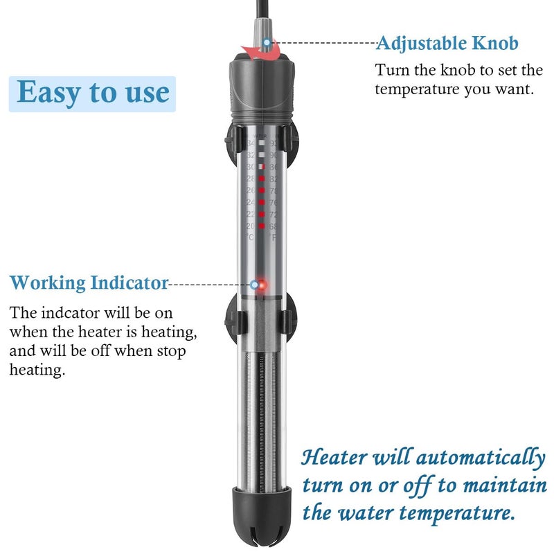 HITOP 25W 50W 100W 200W 300W Adjustable Aquarium Heater, Submersible Fish Tank Heater Thermostat with Suction Cups (100W-grey) - Image 3